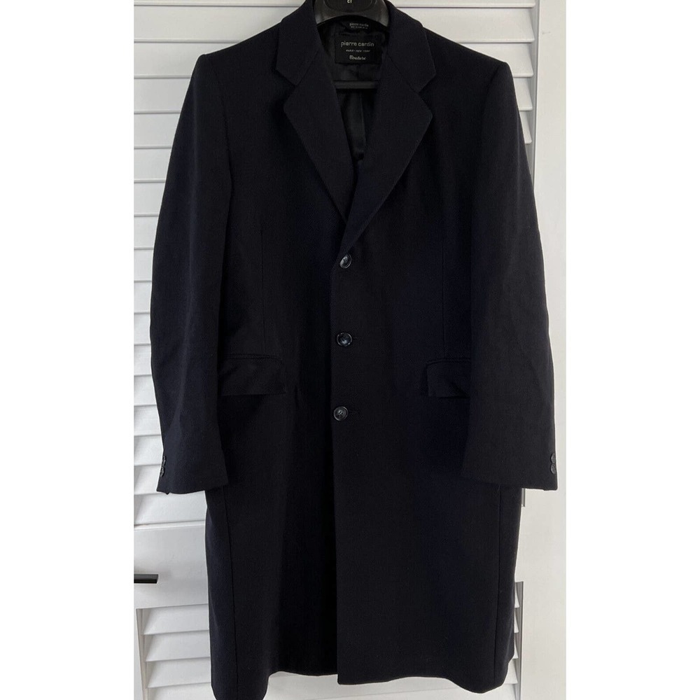 VTG Pierre Cardin Couture Mens Long Wool Top Dress Coat Overcoat Navy Blue